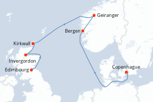 Carte de l'itinéraire de croisière Greenwich-Copenhague d'une durée de 10 jours