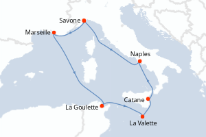 carte itinéraire croisière Sicile 7 jours au départ du port de Savone