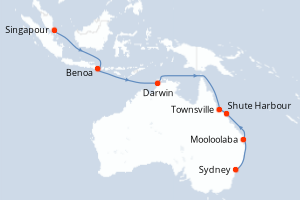 Carte de l'itinéraire de croisière Singapour-Sydney d'une durée de 16 jours