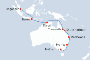 Carte de l'itinéraire de croisière Singapour-Melbourne d'une durée de 19 jours