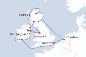 Carte itinéraire croisière Pays-Bas, Irlande, Royaume-Uni - 14 jours au départ de Douvres - Europe du Nord