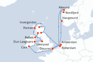 carte itinéraire croisière Fjörds norvégiens 22 jours au départ du port de Douvres