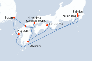 carte itinéraire croisière Asie 9 jours au départ du port de Yokohama