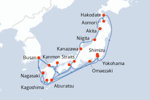 Carte de l'itinéraire de croisière Yokohama-Yokohama d'une durée de 23 jours
