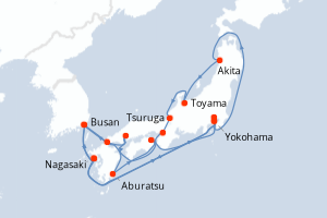 carte itinéraire croisière Asie 18 jours au départ du port de Yokohama