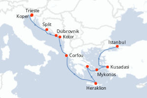 carte itinéraire croisière Méditerranée 11 jours au départ du port de Istanbul