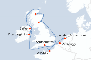 Carte de l'itinéraire de croisière Southampton-Southampton d'une durée de 11 jours