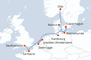 carte itinéraire croisière Europe du Nord 10 jours au départ du port de Southampton