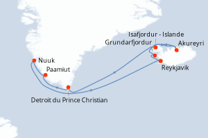 carte itinéraire croisière Europe du Nord 10 jours au départ du port de Reykjavik