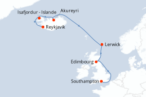 carte itinéraire croisière Europe du Nord 7 jours au départ du port de Reykjavik