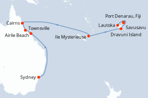 Carte de l'itinéraire de croisière Lautoka-Sydney d'une durée de 14 jours