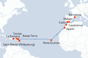carte itinéraire croisière Transatlantique 16 jours au départ du port de Barcelone
