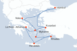 Carte de l'itinéraire de croisière Le Piree - Athenes-Le Piree - Athenes d'une durée de 10 jours
