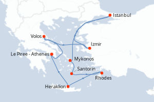 Carte de l'itinéraire de croisière Le Piree - Athenes-Le Piree - Athenes d'une durée de 10 jours