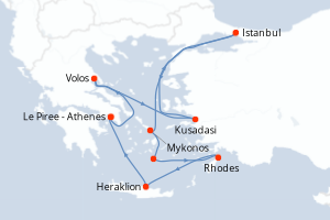 Carte de l'itinéraire de croisière Le Piree - Athenes-Le Piree - Athenes d'une durée de 10 jours