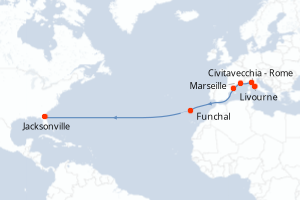 carte itinéraire croisière Transatlantique 14 jours au départ du port de Civitavecchia - Rome