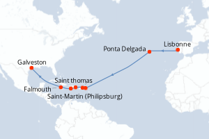 carte itinéraire croisière Caraïbes Mexique 15 jours au départ du port de Lisbonne