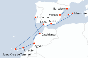 Carte de l'itinéraire de croisière Lisbonne-Barcelone d'une durée de 12 jours