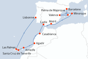 carte itinéraire croisière Méditerranée 12 jours au départ du port de Lisbonne