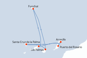 Carte de l'itinéraire de croisière Arrecife-Arrecife d'une durée de 7 jours