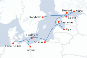 Carte de l'itinéraire de croisière Stockholm-Canal de Kiel d'une durée de 12 jours