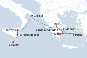 carte itinéraire croisière Sicile 7 jours au départ du port de La Valette
