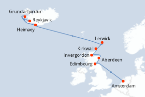 Carte de l'itinéraire de croisière Reykjavik-Amsterdam d'une durée de 11 jours