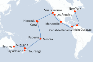 carte itinéraire croisière Australie Nouvelle Zélande 43 jours au départ du port de New York