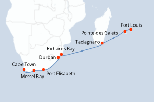 Carte de l'itinéraire de croisière Port Louis-Cape Town d'une durée de 14 jours