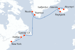 Carte de l'itinéraire de croisière Reykjavik-New York d'une durée de 12 jours