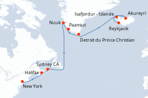 carte itinéraire croisière Amérique du Nord 12 jours au départ du port de Reykjavik