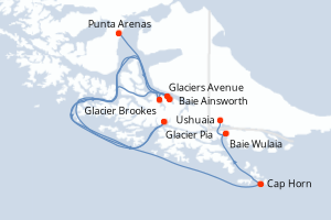 Carte de l'itinéraire de croisière Punta Arenas-Ushuaia d'une durée de 4 jours