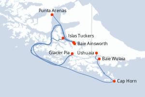 Carte de l'itinéraire de croisière Punta Arenas-Ushuaia d'une durée de 4 jours