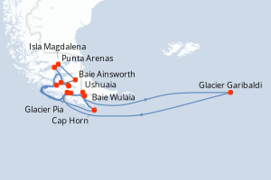 Carte de l'itinéraire de croisière Punta Arenas-Punta Arenas d'une durée de 8 jours