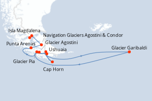 Carte de l'itinéraire de croisière Ushuaia-Punta Arenas d'une durée de 4 jours
