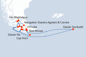 Carte de l'itinéraire de croisière Ushuaia-Ushuaia d'une durée de 8 jours
