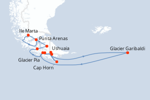 Carte de l'itinéraire de croisière Ushuaia-Punta Arenas d'une durée de 4 jours