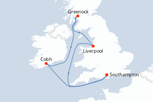 carte itinéraire croisière Europe du Nord 7 jours au départ du port de Southampton