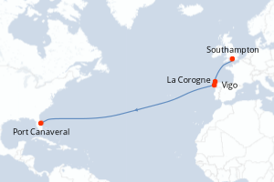 carte itinéraire croisière Transatlantique 13 jours au départ du port de Southampton