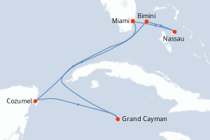 Carte de l'itinéraire de croisière Miami-Miami d'une durée de 7 jours