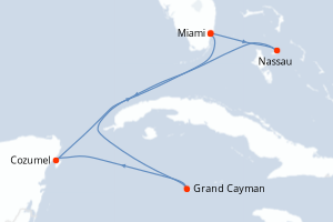 Carte de l'itinéraire de croisière Miami-Miami d'une durée de 6 jours