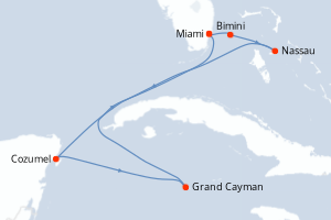 Carte de l'itinéraire de croisière Miami-Miami d'une durée de 7 jours