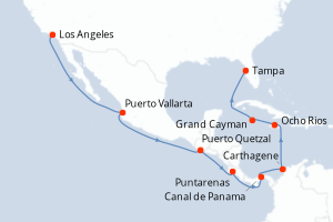 Carte de l'itinéraire de croisière Los Angeles-Tampa d'une durée de 17 jours