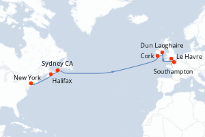 carte itinéraire croisière Transatlantique 12 jours au départ du port de Southampton