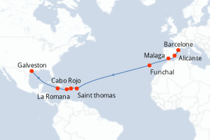 carte itinéraire croisière Transatlantique 17 jours au départ du port de Barcelone
