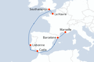 Carte de l'itinéraire de croisière Le Havre-Marseille d'une durée de 8 jours