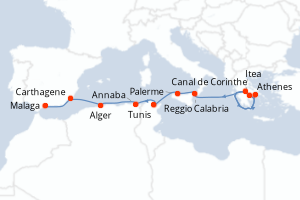 carte itinéraire croisière Sicile 9 jours au départ du port de Le Piree - Athenes