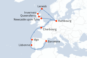 Carte de l'itinéraire de croisière Hambourg-Barcelone d'une durée de 15 jours