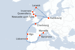 carte itinéraire croisière Europe du Nord 16 jours au départ du port de Hambourg