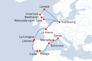 carte itinéraire croisière Europe du Nord 19 jours au départ du port de Marseille